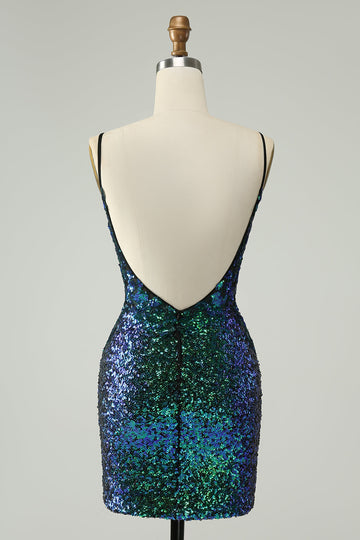 Vestido de fiesta corto ajustado con lentejuelas y tirantes finos brillantes de color verde oscuro